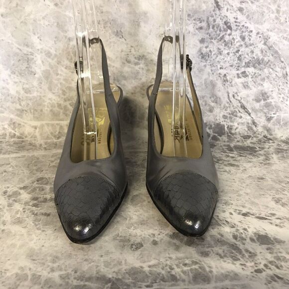 Salvatore Ferragamo Silver/Gray Reptile Tip Slingback Pumps 3" Heel Size 8.5 4A - Picture 1 of 12